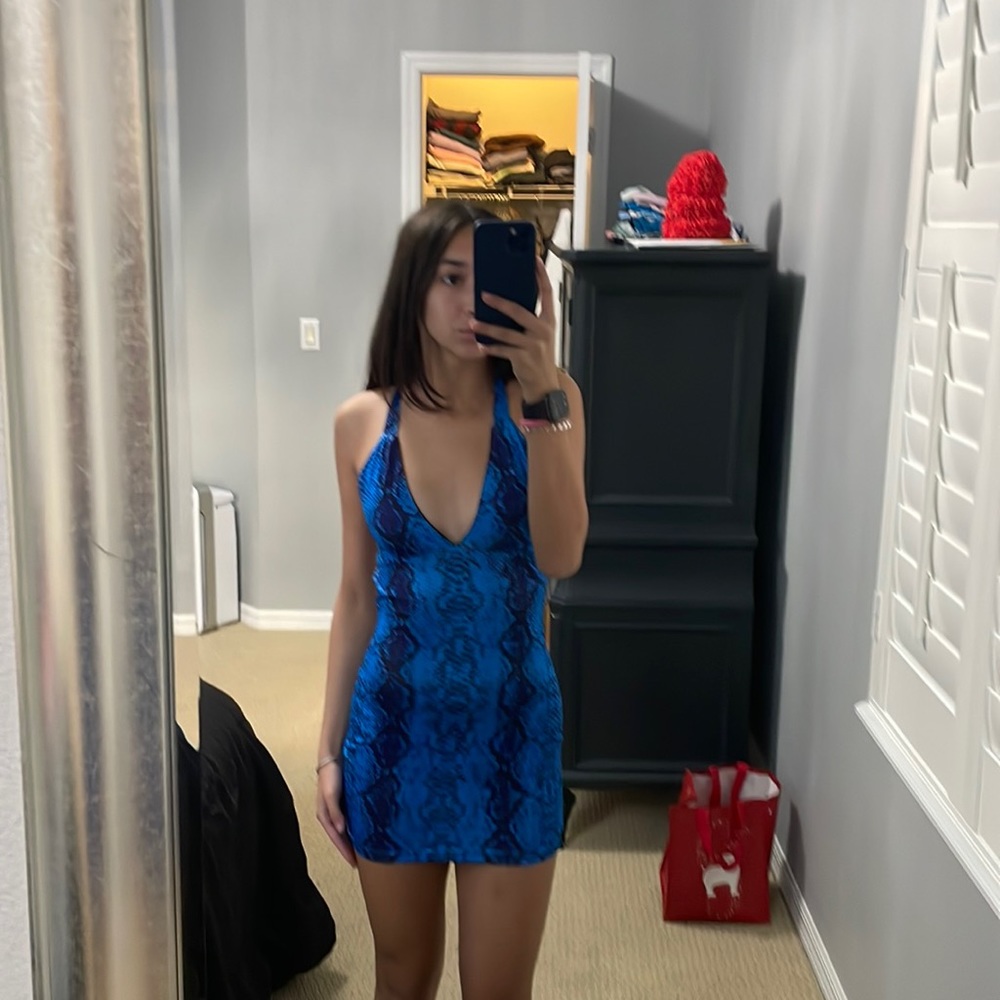 worn once, great condition, Superdown blue snakeskin mini dress